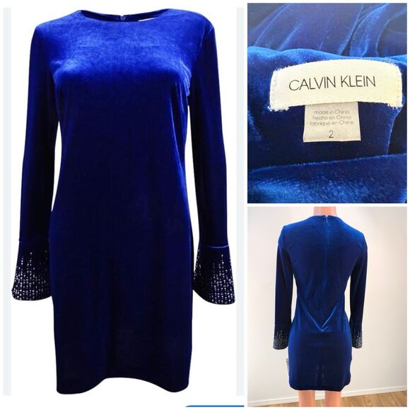 Calvin Klein Dresses & Skirts - CALVIN KLEIN Womens Dress Velvet Bell Sleeve Evening Cocktail  2 Blue New